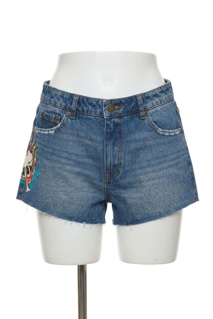 NEW ED HARDY women's flame skull denim short in retro medium